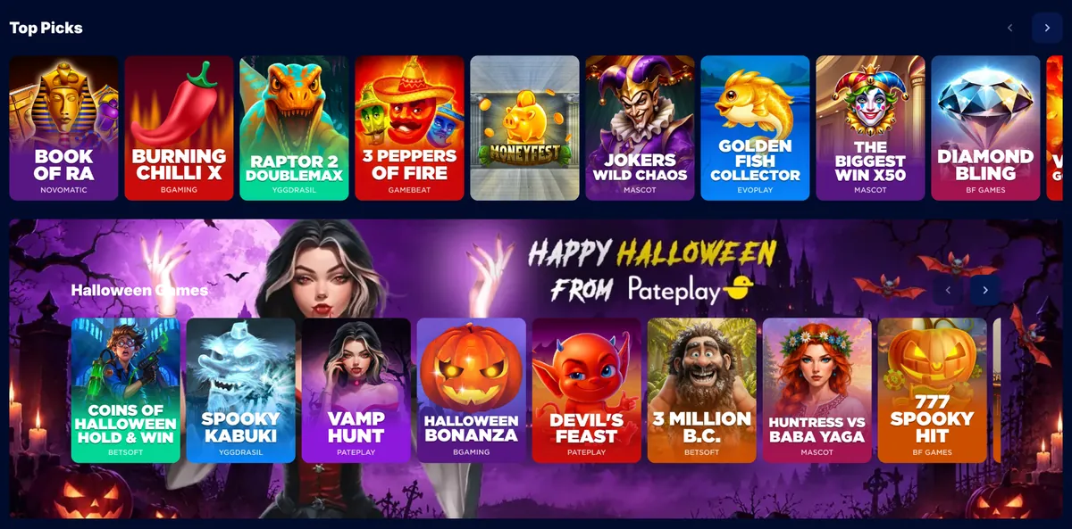 Our casino lobby showing the Top Picks row and the Halloween games collection